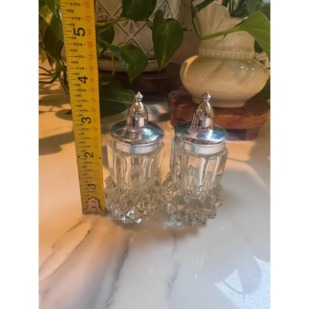 Vintage Indiana Glass Diamond Cut Salt Pepper Shakers with Silverplate Tops